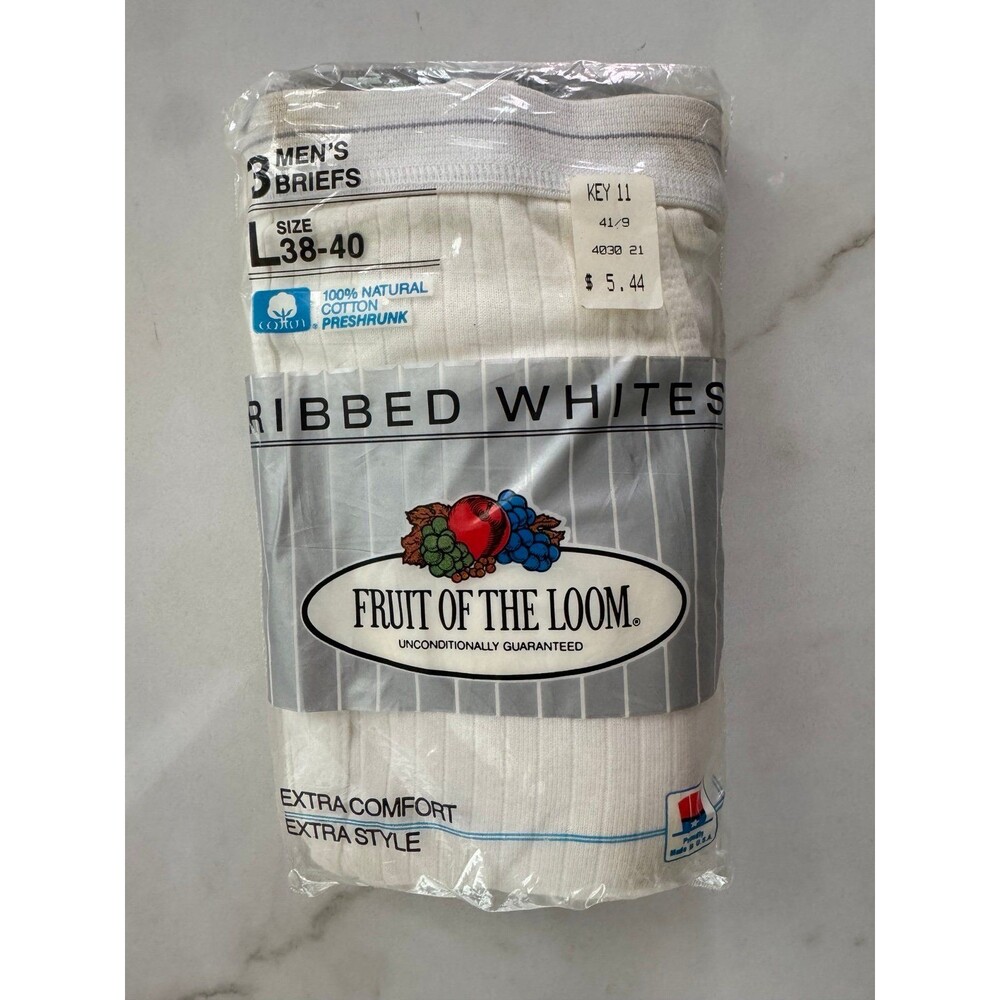 1989 Fruit of the Loom 3 Pack RIBBED WHITES Mens Briefs Size L Vintage Underwear
